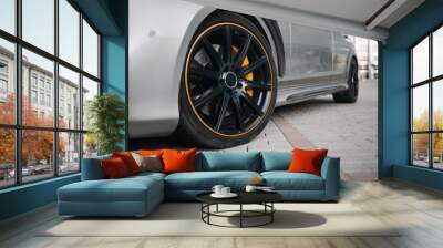 Front wheel of car with disk brakes system Wall mural