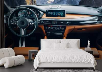 Modern suv car interior with leather panel, multimedia and dashboard Wall mural