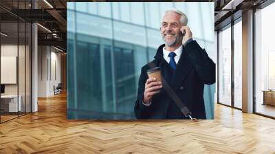 City, phone call and smile, mature businessman or lawyer outside law firm, successful legal advice discussion. Ceo, man or happy boss with coffee, 5g and smartphone, crm or networking conversation. Wall mural