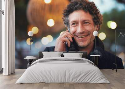 Phone call, business man and talking in city, chatting or speaking to contact at night. Bokeh, communication and happy mature male entrepreneur with 5g mobile smartphone for networking in Italy Wall mural