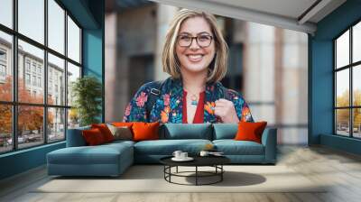 Smile, travel and portrait of woman in city enjoy weekend, holiday and relax on vacation in England. Tourism mockup, freedom and face of happy female in urban town for adventure, explore and journey Wall mural