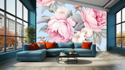 Rococo peonies and roses in soft pastel pink, light blue background Wall mural