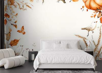 Watercolor painting of a beautiful autumn scene, featuring a frame with pumpkins, wheat, and birds on a white background Wall mural