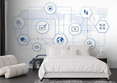 digital network illustration: editable stroke online network icons with tablet PC. technology platform, global network connection on world map background Wall mural