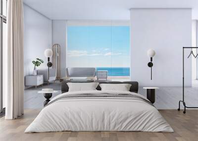 Modern Living room white wood floor sea view summer 3d rendering Wall mural