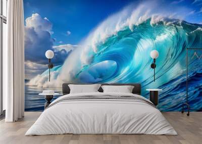 A large crashing wave from the blue ocean surfing the summer wave Wall mural