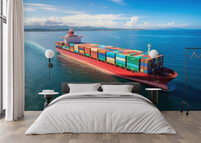 Incredible aerial top-down shot with copy space of a massive container freight ship Wall mural