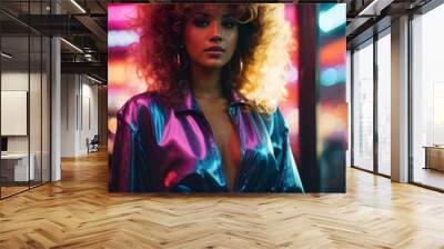 Retro 1985 Portrait of a Young Woman with Big Hair Out in a Silk Blouse Neon Generative AI Wall mural