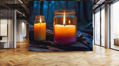 Two Beautiful Meditation Candles in Glass Jars Sitting Amongst Forest Scene Background Wall mural