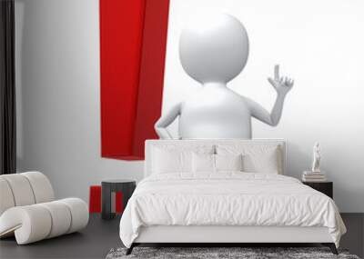 3D white man with big red exclamation sign isolated on white bac Wall mural