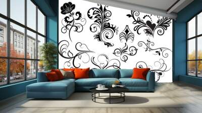 Collection of black and white floral design elements. Wall mural