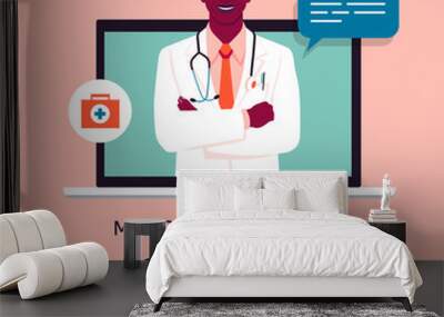 An African doctor in the laptop screen. Online medical consultation and support. Concept vector illustration in flat style with icons. Wall mural