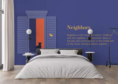 cat in the open window. neighbors. facade of a residential building. summer night. vector flat illus Wall mural