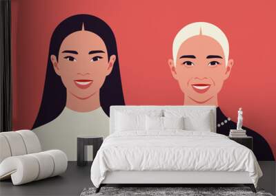 Faces of young and old Asian women. Aging process. Grandmother and granddaughter. Vector flat illustration Wall mural