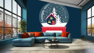 Merry christmas snow globe with a small house and fir-tree under the snow. New Year gift. Wall mural