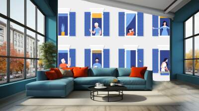 People in window frames . Neighbors that live in apartments. The facade of the house. Vector flat illustration Wall mural