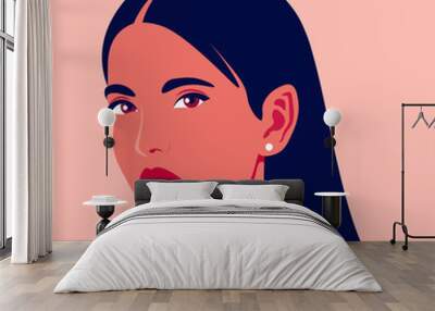 Portrait of a beautiful girl in half-turn. Young brunette woman. Avatar for social networks. Fashion and beauty. Bright vector illustration in flat style Wall mural