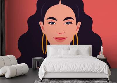 Portrait of a beautiful Latin American woman on red background. Avatar for social media. Diversity. Bright vector illustration in flat style. Wall mural