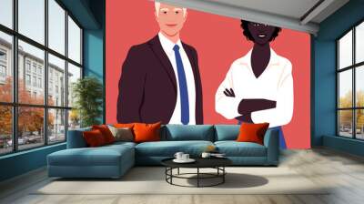 Portrait of a happy African woman and a blond man wearing in a business suit. Office professions. Vector flat illustration. Wall mural