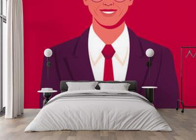 Portrait of a happy Asian man with crossed arms  and wearing in a business suit. Office professions. Vector flat illustration. Wall mural