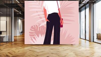 Portrait of an Asian woman who stands in full height with shoulder bag. Vector illustration Wall mural