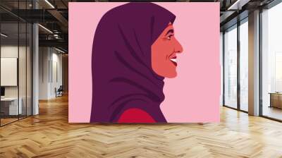 Profile of a happy muslim woman. Side view of an Arab grandmother in headscarf. Avatar of an elderly teacher. Vector flat illustration Wall mural