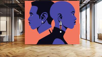 Profiles of young African couple. Woman and man. Family relationships and gender conflict. Psychology. Husband and wife. Divorce. Vector flat illustration Wall mural