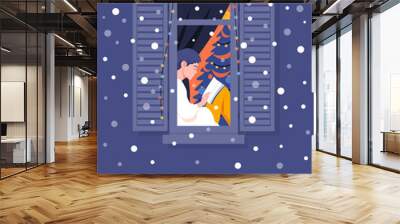 Reading girl in the window. New year in a city apartment. Neighborhood. Christmas holidays with books. Vertical postcard. Winter snowfall. Vector flat illustration Wall mural