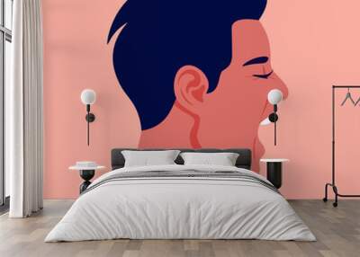 Screaming man's face in profile. Head of a guy in stress on the side. Aggression and irritation. Vector flat illustration Wall mural