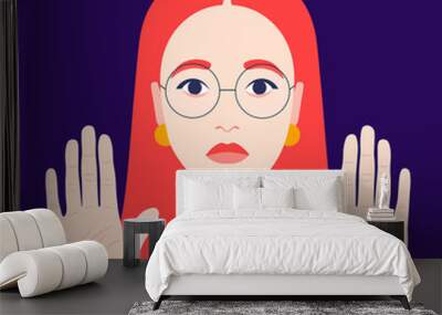 Woman with open palms forward. The redheaded girl is against. Gesture of stop. Negation. Give up. Renouncement. Vector flat illustration Wall mural