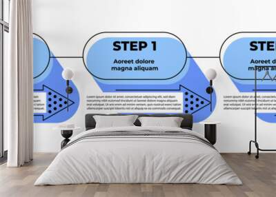 3 steps infographic with arrows and lines. Step by step manual instruction. Empty design template. Data visualization. 90s style design elements for presentation with copy space. Workflow layout Wall mural