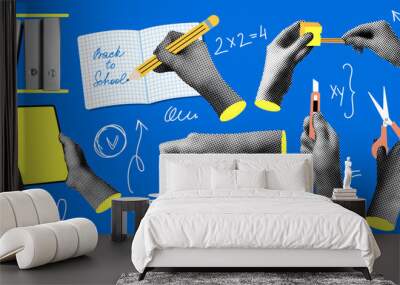 Back to school set. Modern collage with halftone hands holding school supplies. Writing hand. Trendy newspaper elements. Hands holding scissors, stationery knife, pencil sharpener, tablet, eraser Wall mural