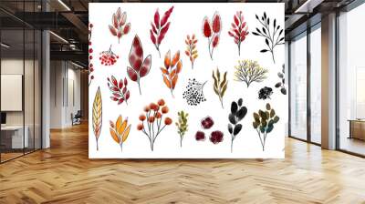 Bunch with leaves, branches, burdock, berries, bushes, viburnum, rowan. Set of autumn botanical watercolor design elements with black outline Wall mural