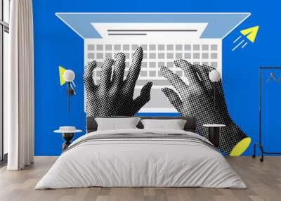 Hands on the keyboard. Modern collage with halftone hands and laptop. Person using a laptop from above. Top view. Remote work. Trendy newspaper elements. Business illustration Wall mural