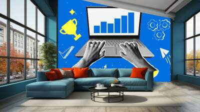 Hands on the keyboard. Modern collage with halftone hands and laptop. Person using a laptop. Remote work. Trendy newspaper elements. Business illustration. Sales growth chart on the monitor Wall mural