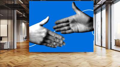 Hands reach out to each other. Handshake. Halftone retro hands. Paper cutout elements. Trendy vintage newspaper parts. Hands tied with thread. Shaking hands. Make a deal. Successful agreement Wall mural