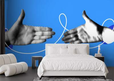 Hands reach out to each other. Handshake. Halftone retro hands. Paper cutout elements. Trendy vintage newspaper parts. Make a deal. Successful agreement. Hands tied with thread. Shaking hands Wall mural