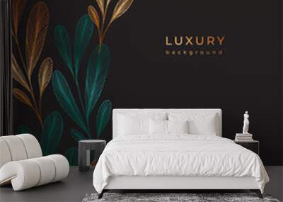 Luxury gold template with tropical plants. Golden linear japanese style branch with leaf. Poster with leaves with veins on black background. Line botanical elements Wall mural