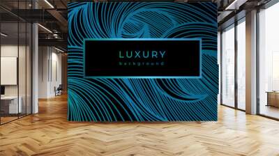 Luxury wavy linear banner. Shiny blue waves on black background. Swirl pattern. Template with gradient lines. Decorative stormy sea, ocean. Curved lines. Water texture Wall mural