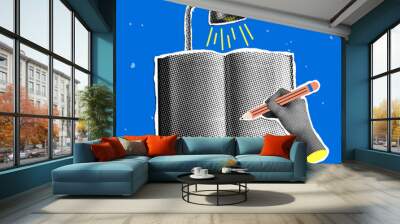 Modern collage with writing hand, book and table lamp. Concept of learning, study, knowledge. Halftone hand holding a pencil. Back to school illustration. Trendy newspaper cut out elements Wall mural