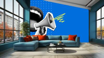 Pop art modern collage with screaming mouth and bullhorn. Halftone newspaper elements. Advertising banner with megaphone and copy space. Announcement banner of news, sales. Loudspeaker announces Wall mural