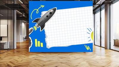 Pop art style banner with halftone rocket, pointing human hand and piece of torn checkered paper. Modern collage. Business startup concept. Creating ideas. Illustration with cut out newspaper elements Wall mural