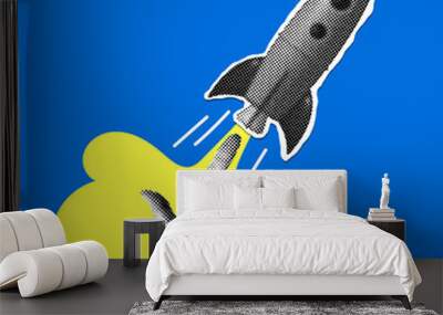 Rocket launch. Halftone hand pushes the rocket. Success concept. Modern collage. Starting a business. Startup idea. Creating new ideas. Creative illustration with cut out newspaper elements Wall mural