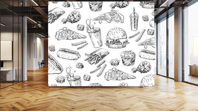 Seamless pattern with fast food. Hamburger, french fries, hot dog, coffee, soda, sauce, pizza, nuggets, sandwich, burger, ice cream. Sketch style background of street food isolated in white background Wall mural