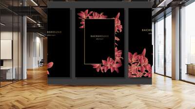 Set of luxury banner with pink golden lilies. Shiny gold flowers on black background. Wall mural