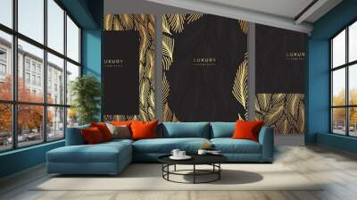 Set of luxury templates with golden linear botanical pattern. Gold line art. Illustration with Christmas tree branches and leaves on black background. Pine needles texture. Design for cover, poster Wall mural