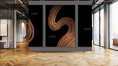 Set of templates. Luxury golden background with wood annual rings texture. Banner with tree ring pattern. Stamp of tree trunk in section. Natural wooden concentric circles. Black and bronze background Wall mural