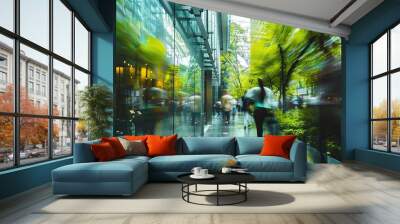 Blurred people walking in glass office with green environment and trees background. Wall mural