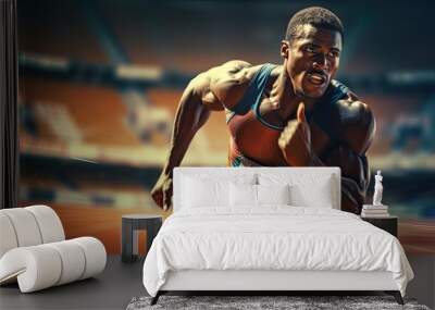 Closeup of a professional black african american track sprinter running on a stadium. Wall mural