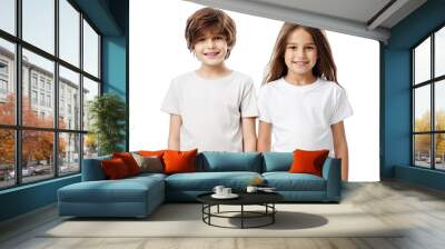 Collection of PNG. Boy and girl with blank white canvas t-shirts isolated on a transparent background. Wall mural